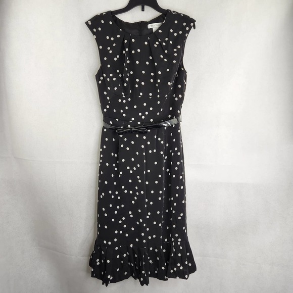 White House Black Market Dresses & Skirts - White House Black Market Polka Dot Dress Size 2 Belted Silk Black White Flounce